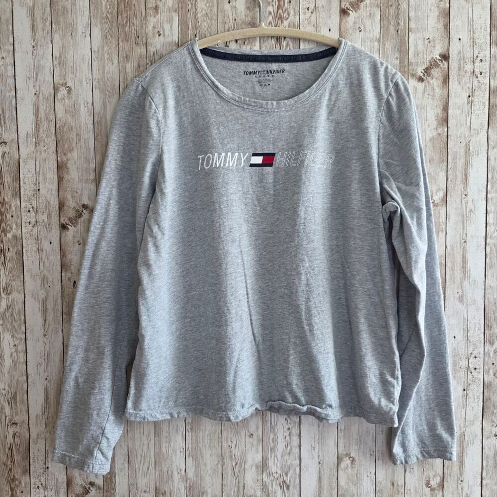 Women's Tommy Hilfiger Gray White Logo Long Sleeve Tee Shirt M